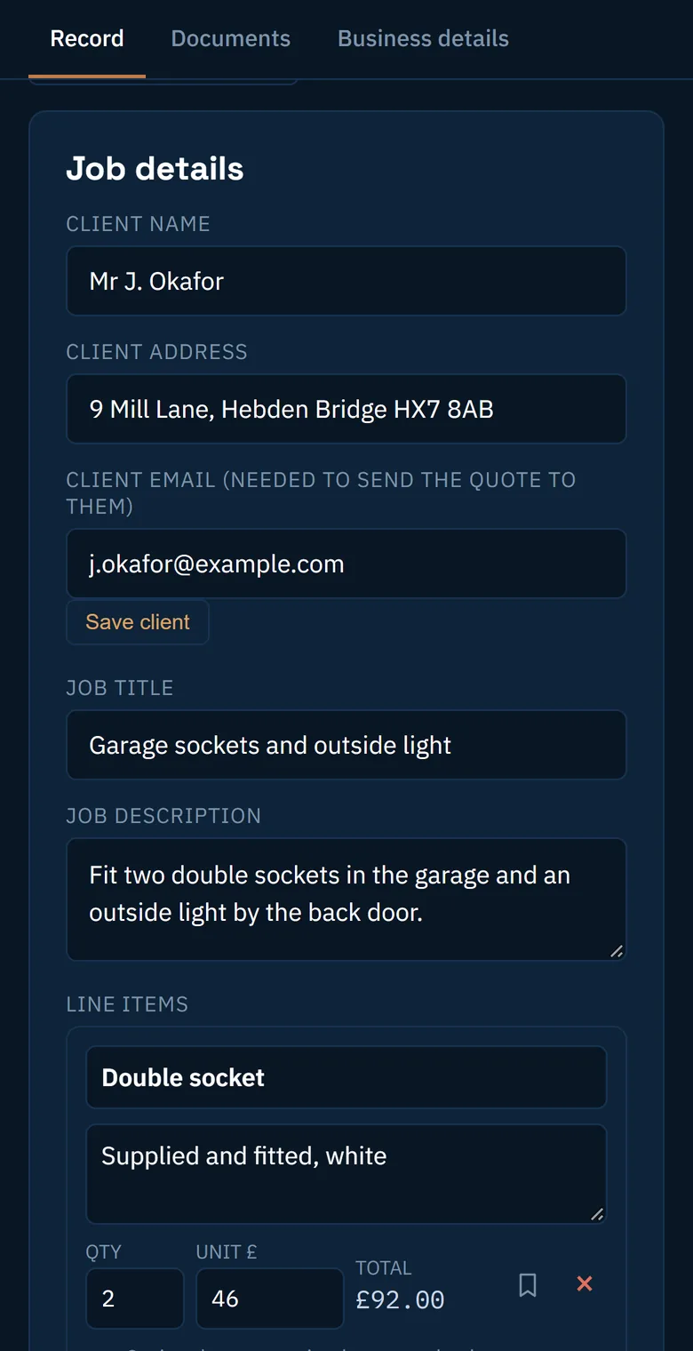 Job details filled in from the template and the saved client