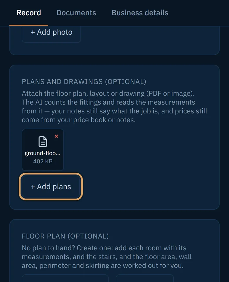 A drawing attached under Plans and drawings, with the Add plans button