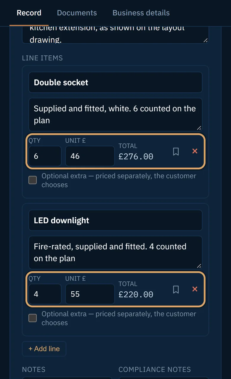 Two lines with quantities counted from the plan: six sockets and four downlights