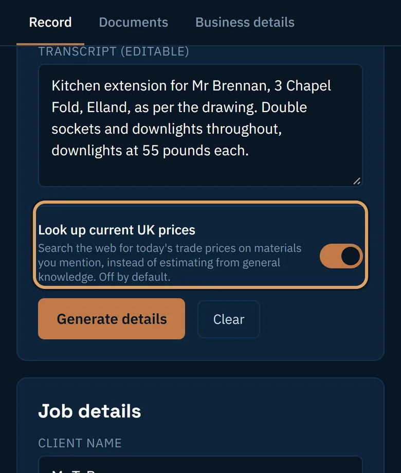 The Look up current UK prices switch turned on