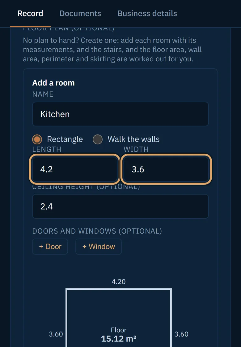 A room named Kitchen with its length and width typed in