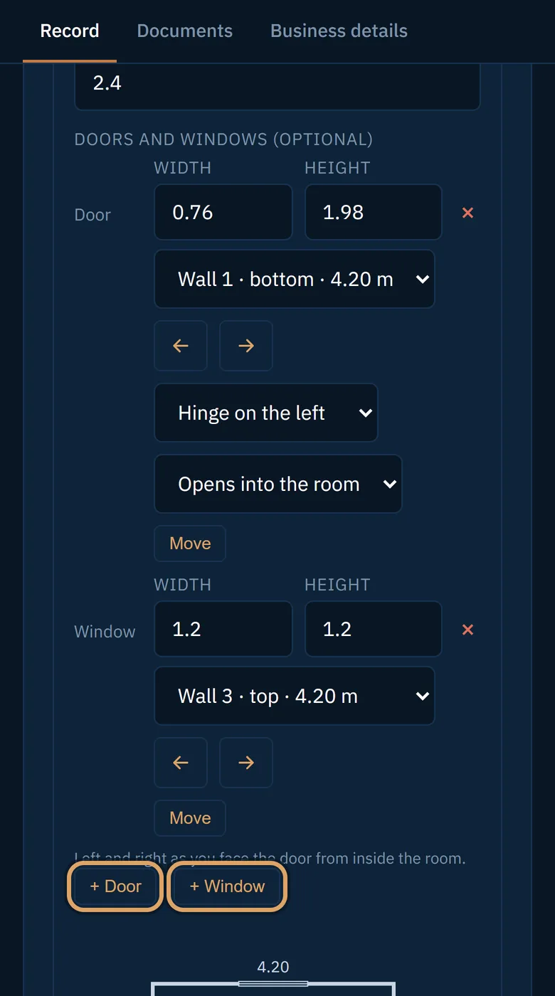 A door and a window added to the room, each with its size and wall