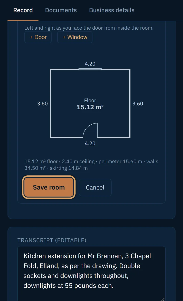 The room drawn with its sizes and floor area, above the Save room button