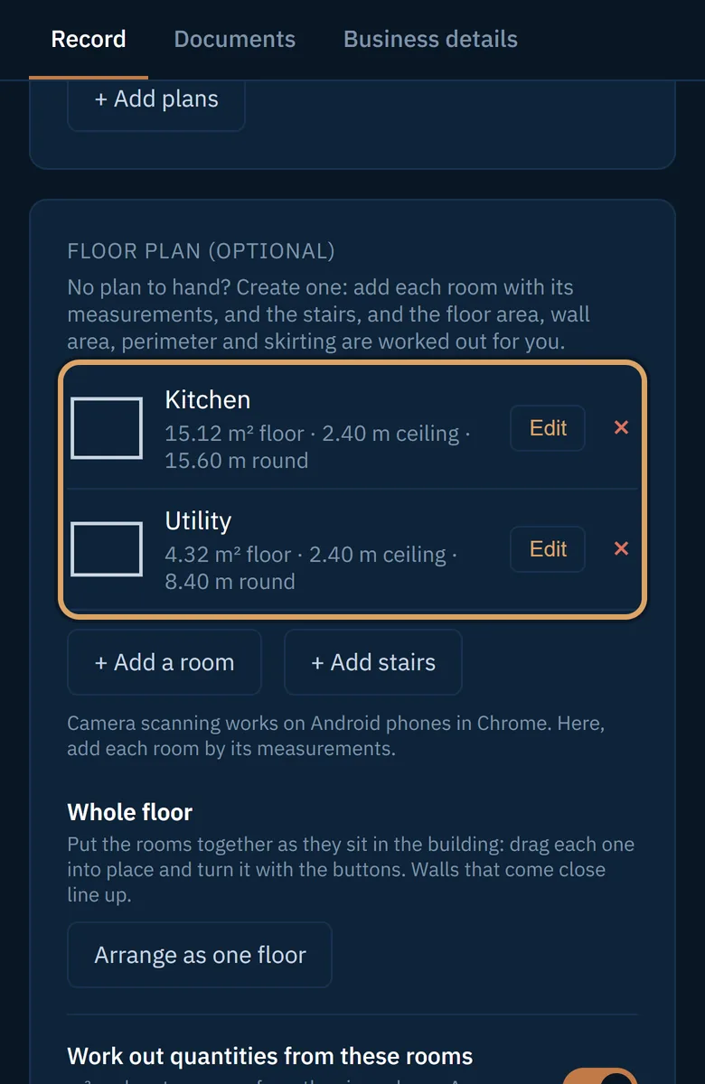 Two saved rooms, each with its floor area, ceiling height and perimeter