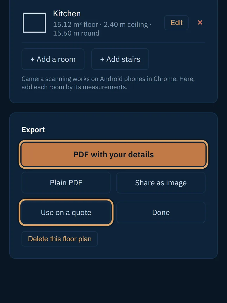 Buttons to export the plan as a PDF or use it on a quote